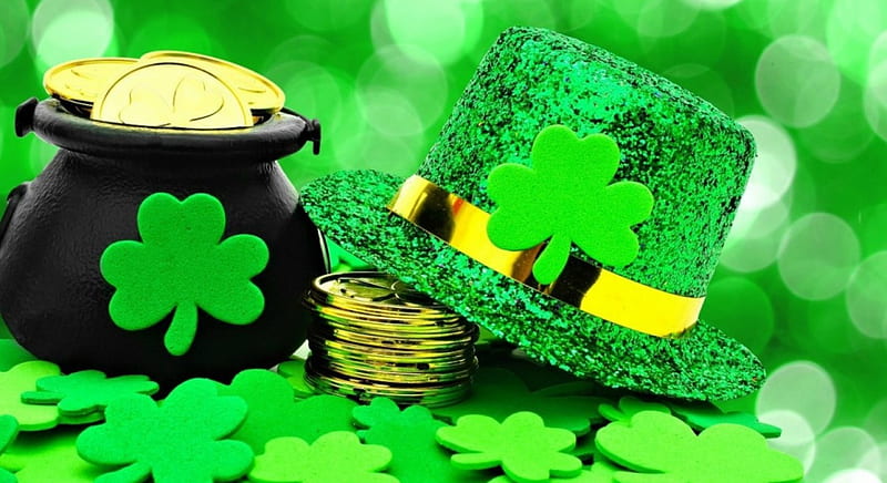 St. Patrick's Day Pot of Gold, money, Saint Patricks Day, pot, coins, hat, top hat, clovers, gold, green, shamrocks, Patricks Day, gold coins, HD wallpaper
