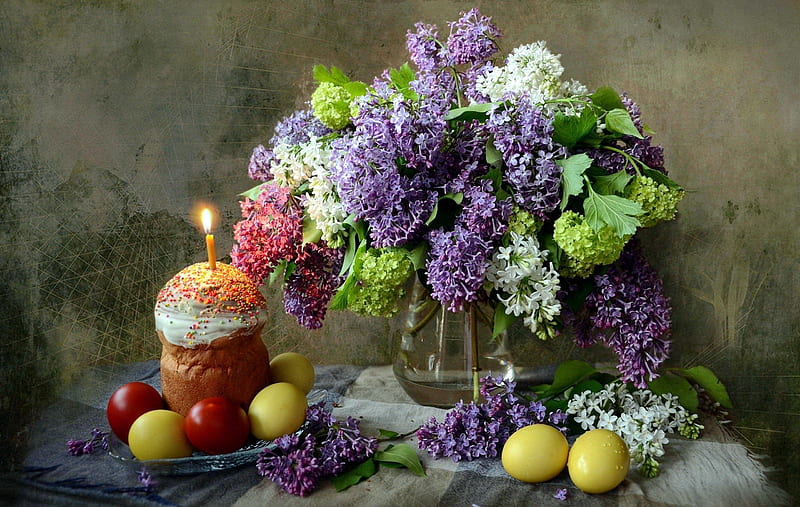 Easter still life, cake, lilac, candle, vase, spring, easter, still life, bouquet, eggs, HD wallpaper