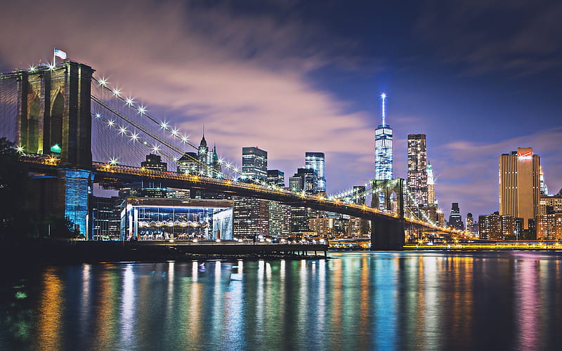 Brooklyn Bridge Manhattan, modern buildings, american cities, nightscapes, NYC, skyscrapers, New York, USA, Cities of New York, New York at night, America, HD wallpaper