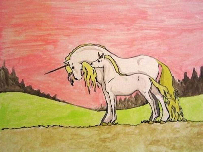 sunset_unicorn, sunset, fantasy, unicorn, drawing, HD wallpaper