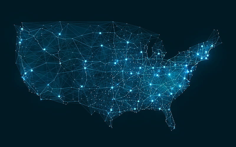 USA lines map, US communications map, neon blue lines, map lines, modern technology, USA, American networks, USA map, social networks in the USA, HD wallpaper