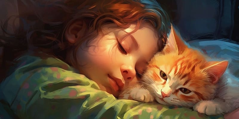 Sleeping little girl, alvas, lany, cica, macska, kislany, hazikedvenc, HD wallpaper