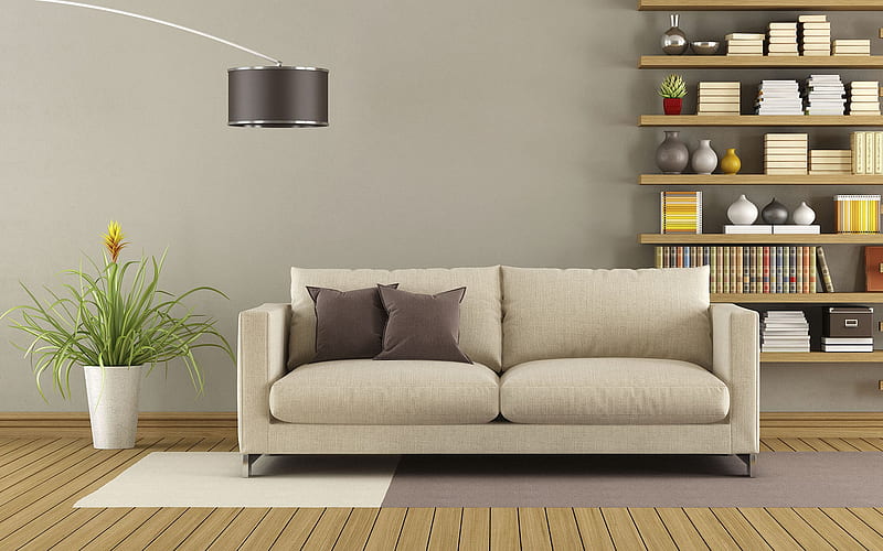 interior in minimalism style, living room, gray sofa, bookshelves, modern stylish design, HD wallpaper