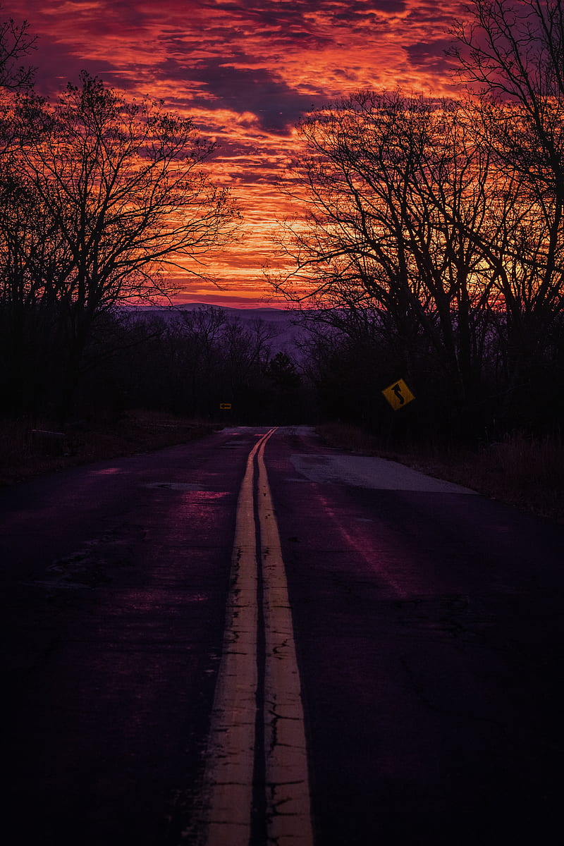 road, sunset, marking, sign, HD phone wallpaper