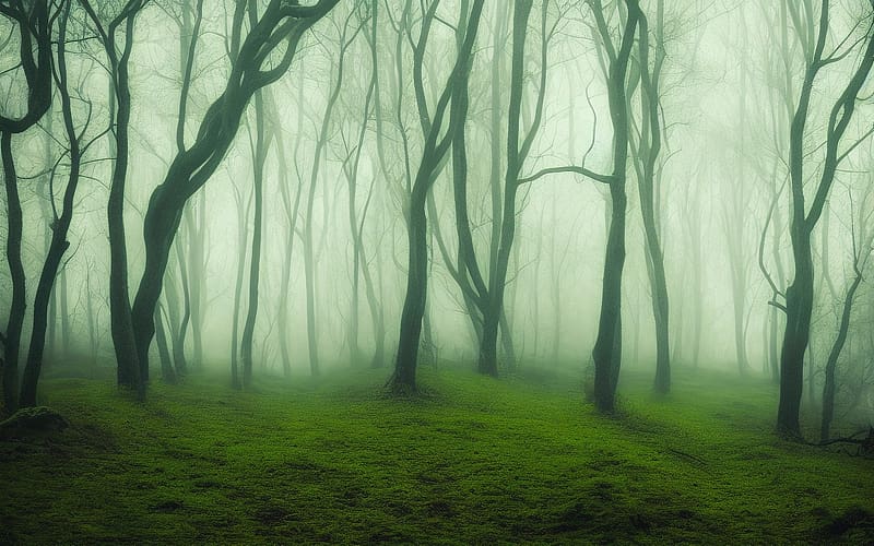 Misty Forest, mist, forest, green, moss, HD wallpaper