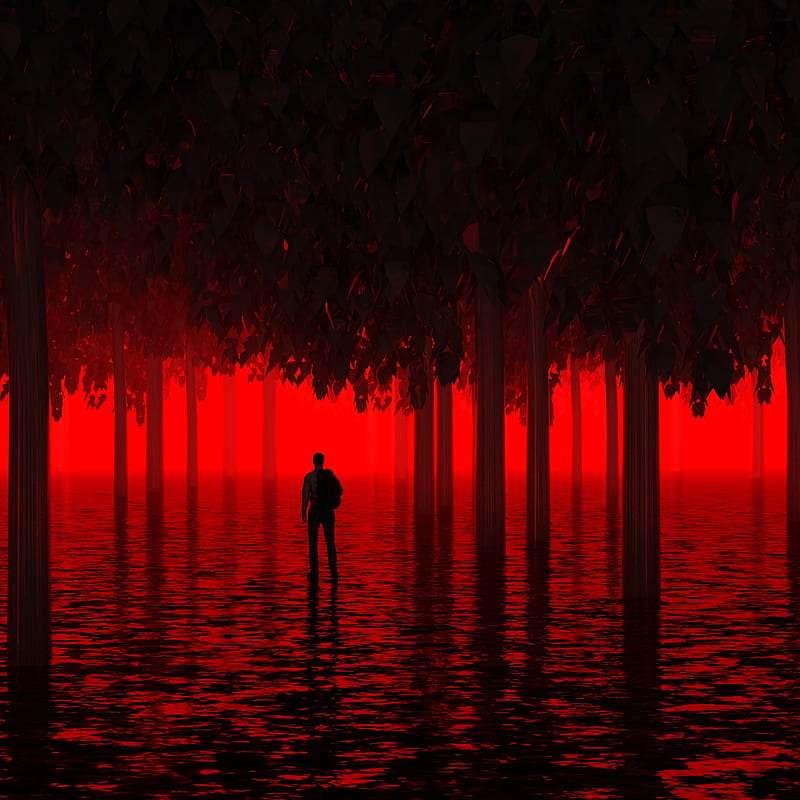 red forest, thriller, man silhouette, Fantasy, HD phone wallpaper
