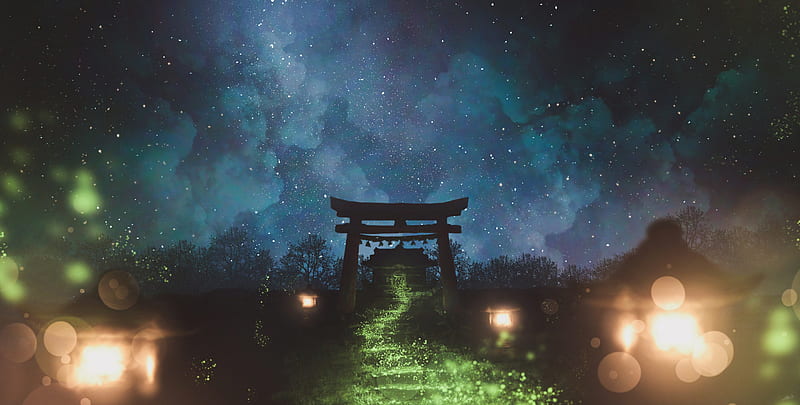 Anime, Temple, Night, Sky, Torii, HD wallpaper