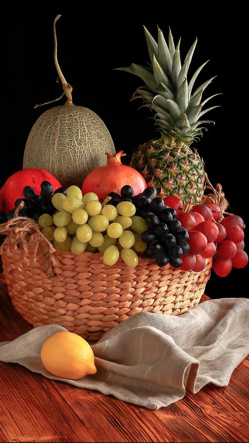 fruits, pineapple, red, green, grapes, pomegranate, lemon, food, nature, HD phone wallpaper