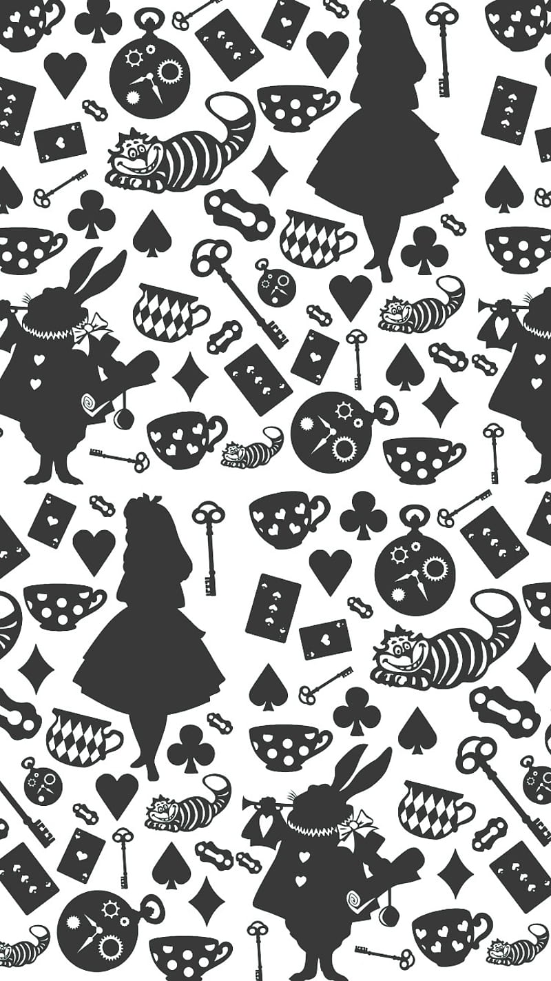 Alice in Wonderland, black, cute, pattern, HD phone wallpaper