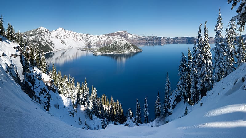 Winter, Snow, Mountain, Lake, , Oregon, Crater Lake, HD wallpaper