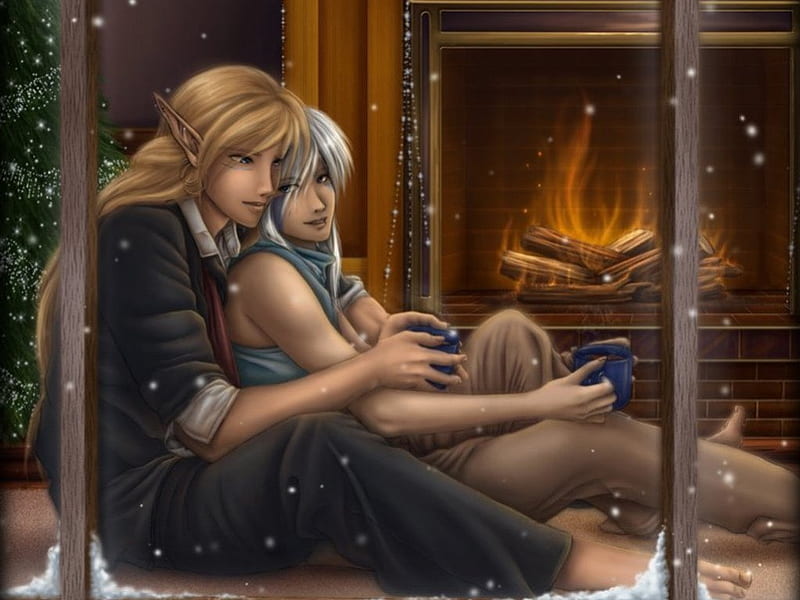 Elven Christmas Warmth, female, male, romance, christmas, elf, drinks, man, cuddle, woman, fire, fireplace, fantasy, love, drink, HD wallpaper