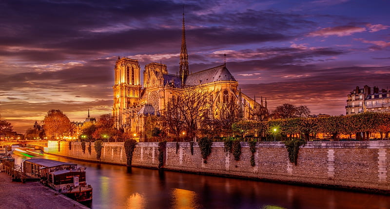 Notre Dame de Paris, cloud, water, france, paris, notre dame, sunset, night, lights, HD wallpaper