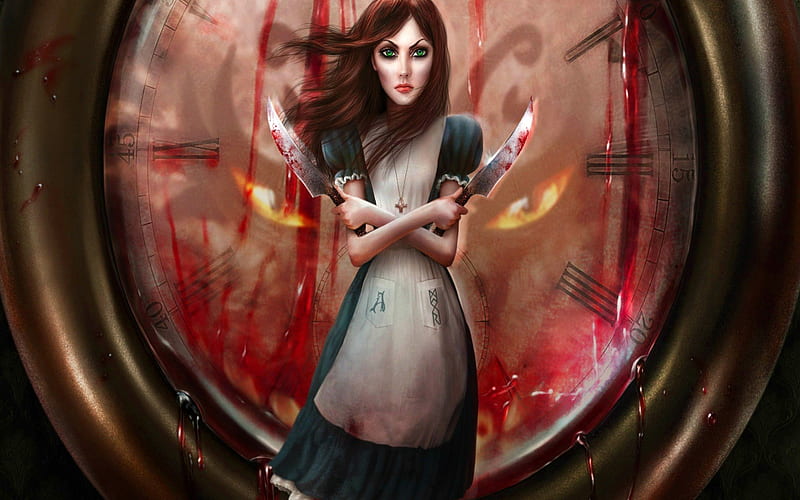 The Madness of Alice, fantasy, emo, dark, women, knife, blood, HD wallpaper