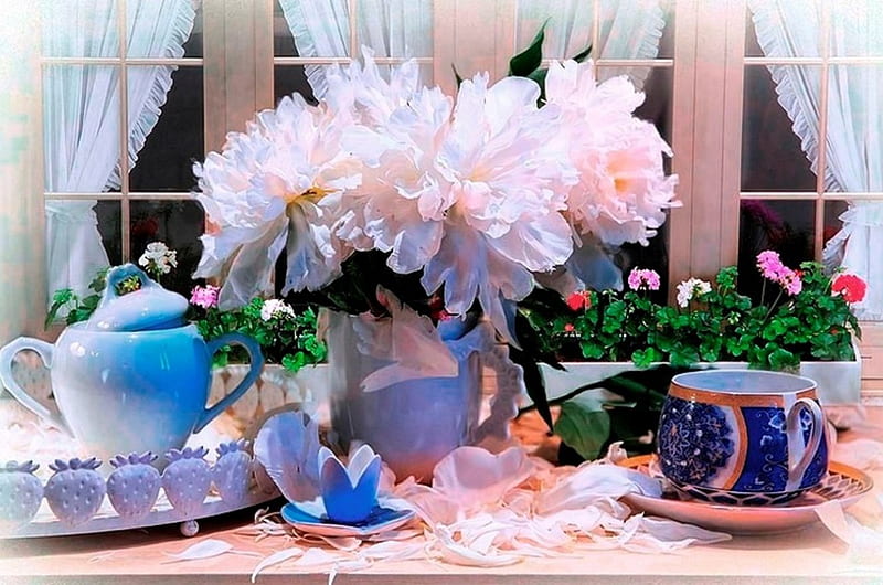White peonies and cup blue, background, vase, tea, peonies, still life, flowers, beauty, blue, night, table, drinks, spring, coffee, smell, cup, nature, petals, kettle, white, HD wallpaper
