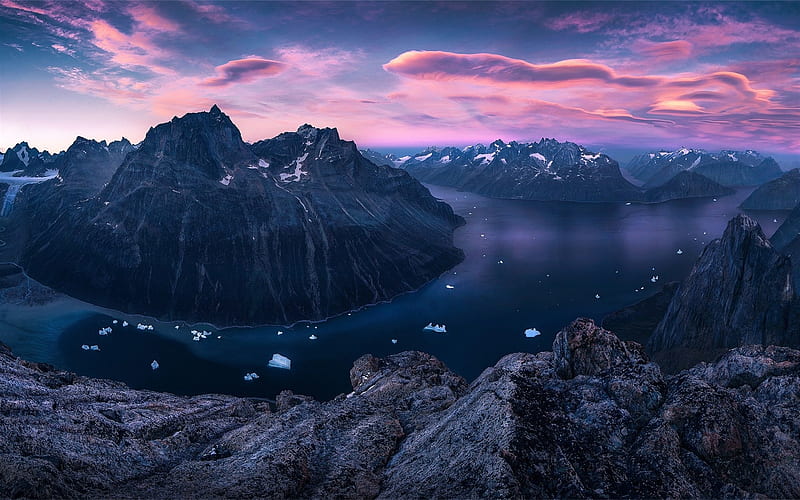 Greenland, fjords, glaciers, beautiful nature, sunset, mountains, bay, HD wallpaper