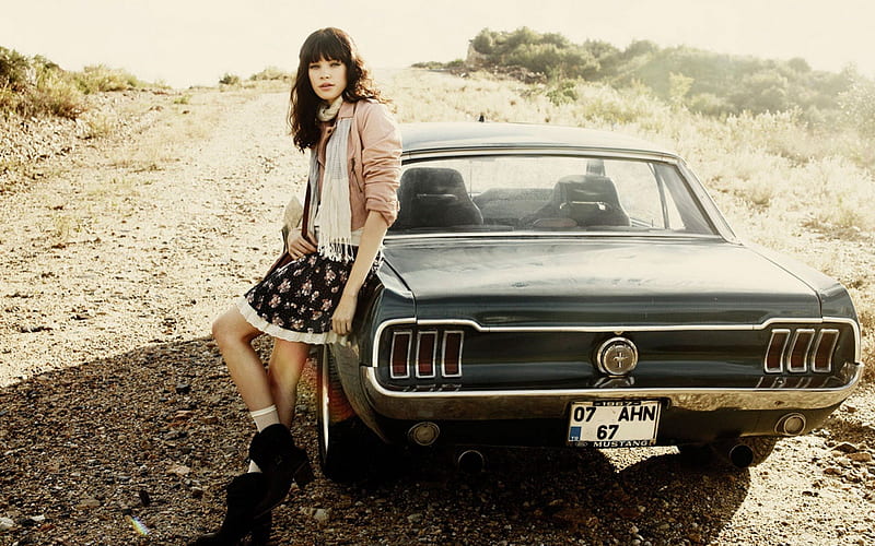 Vintage Girl, 1967, brunette, mustang, girl, ford, car, road, gravel, rear view, vintage, style, HD wallpaper