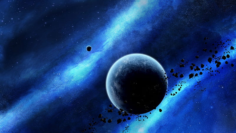 planet, asteroids, glow, space, universe, HD wallpaper