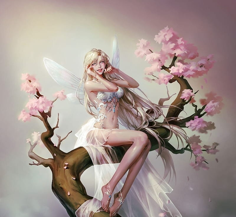 Fairy, fantasy, frumusete, blossom, luminos, spring, pink, art, girl, flower, HD wallpaper