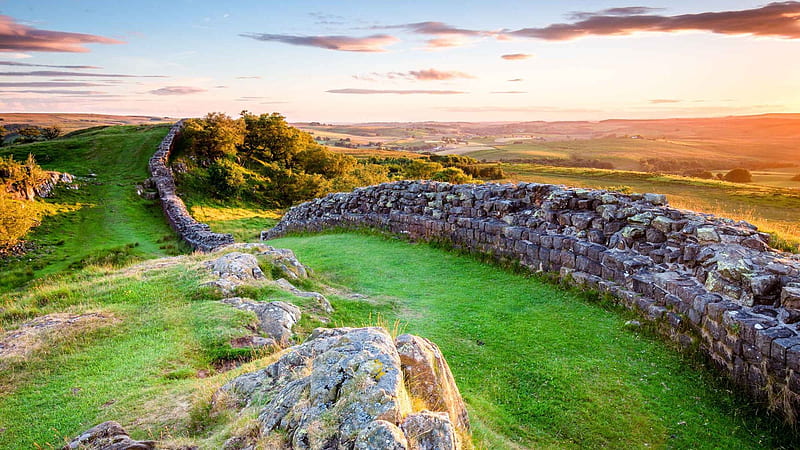 Hadrianswall, Northumberland, UK, england, stones, trees, landscape, clouds, sky, rocks, HD wallpaper
