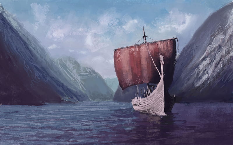 drakkar, ship, sail, sea, art, HD wallpaper