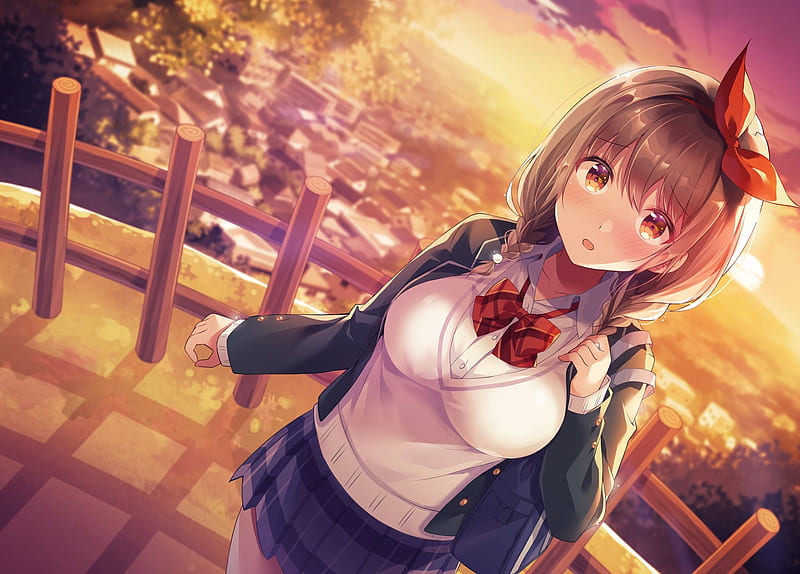 cute anime girl, school uniform, sunset, anime cityscape, braid, moe girl, Anime, HD wallpaper