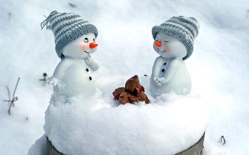 For you!, snow, snowman, white, figurine, blue, winter, hat, HD