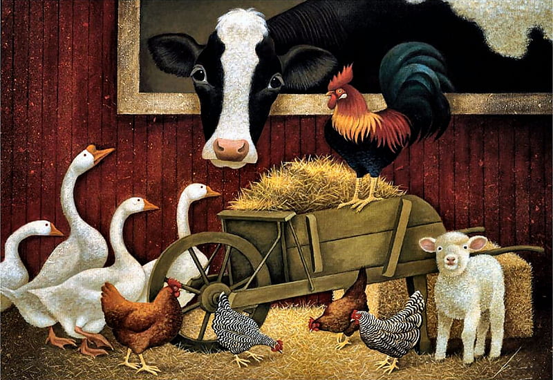 Barn Friends F, rooster, art, bonito, illustration, artwork, geese, sheep, painting, wide screen, chickens, farm animals, cows, HD wallpaper