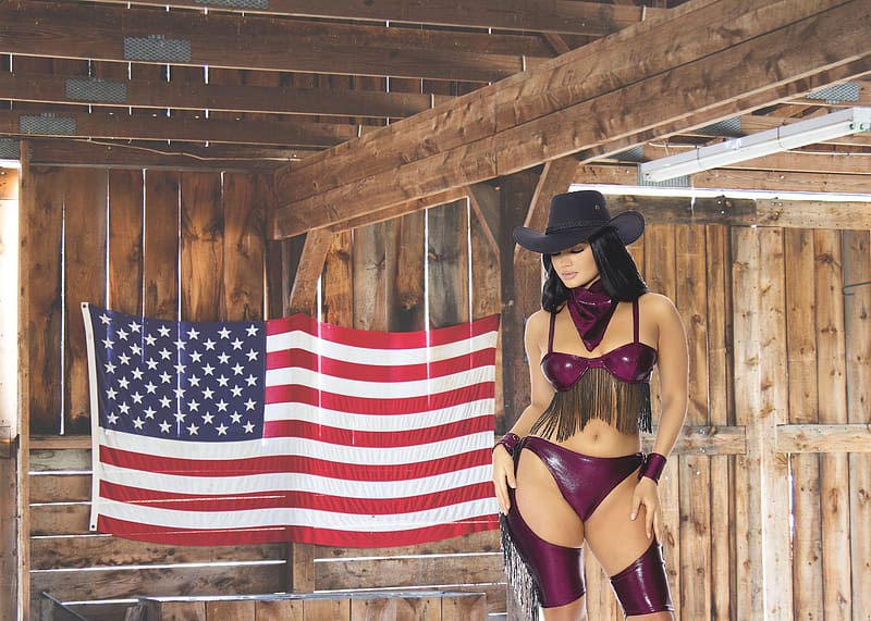 Summer Barn, barn, brunettes, hats, cowgirls, American Flag, lingere, HD wallpaper