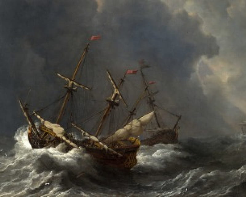 Willem Van De Velde - Three Ships in a Gale (1673), painting, seventeenth century, seascape, dutch, HD wallpaper