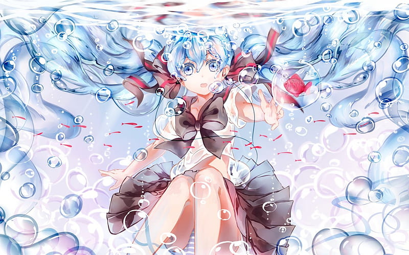 Bubble Cell, cute, vocaloid, pretty, water, girl, miku, blue, HD wallpaper