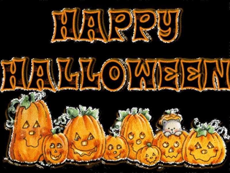 HAPPY HALLOWEEN PUMPKINS, cute, 3d, orange, halloween, pumpkins, HD wallpaper