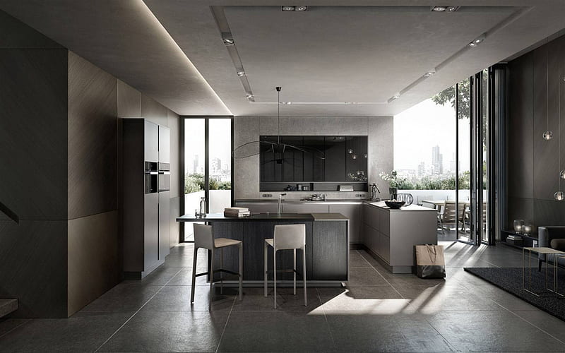 stylish kitchen interior design, gray kitchen, modern interior, gray furniture, kitchen, HD wallpaper