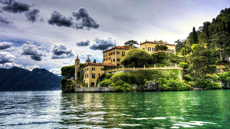 Villa Balbaniello, Lake Como, Italy, house, trees, clouds, sky, alps, water, mountains, reflections, HD wallpaper