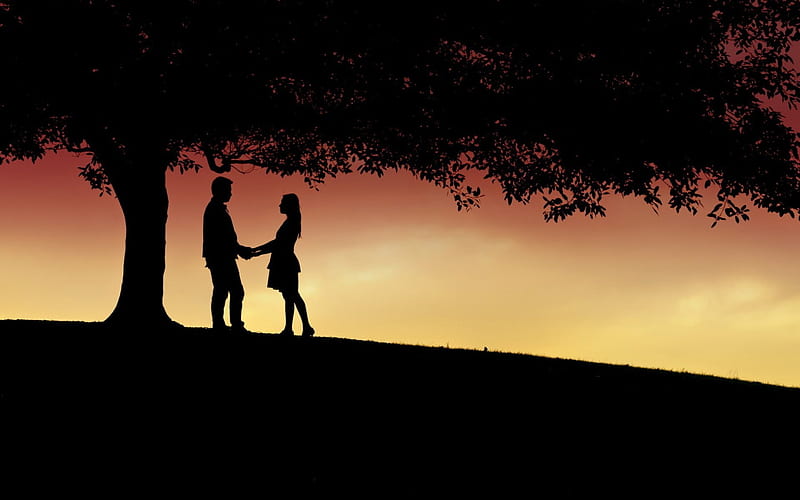 Loving Couple, silhouettes, sunset, the mood, two colors, HD wallpaper