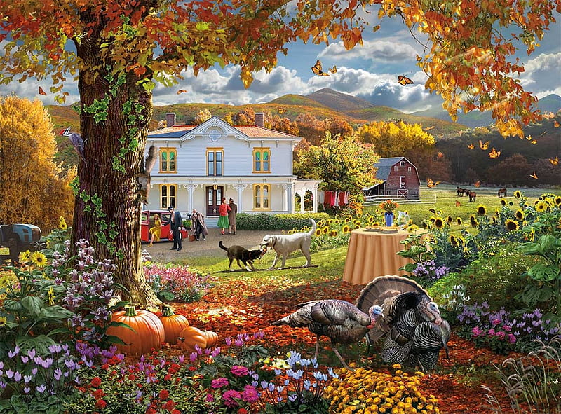 Autumn garden, tree, dog, thanksgiving, bird, turkey, art, house, garden, painting, pictura, autumn, pumpkin, toamna, pasari, HD wallpaper
