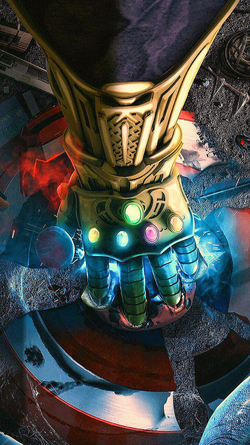Infinity Gauntlet, avengers, black panther, captain america shield, gold, infinity war, marvel, red, thanos, HD phone wallpaper