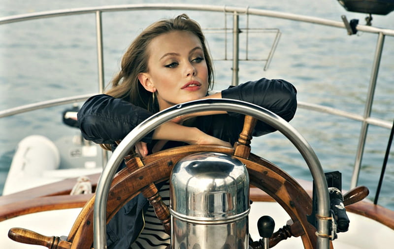 Frida Gustavsson, model, steering, woman, sea, water, girl, ship, summer, HD wallpaper