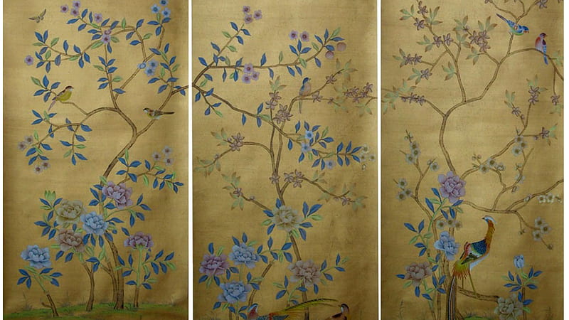 Brown Wall Blue Leaves Flowers Chinoiserie Chinoiserie, HD wallpaper