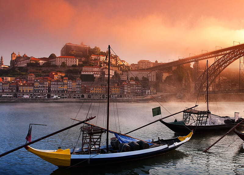 Portugal, boats, lisboa, river, sunset, HD wallpaper