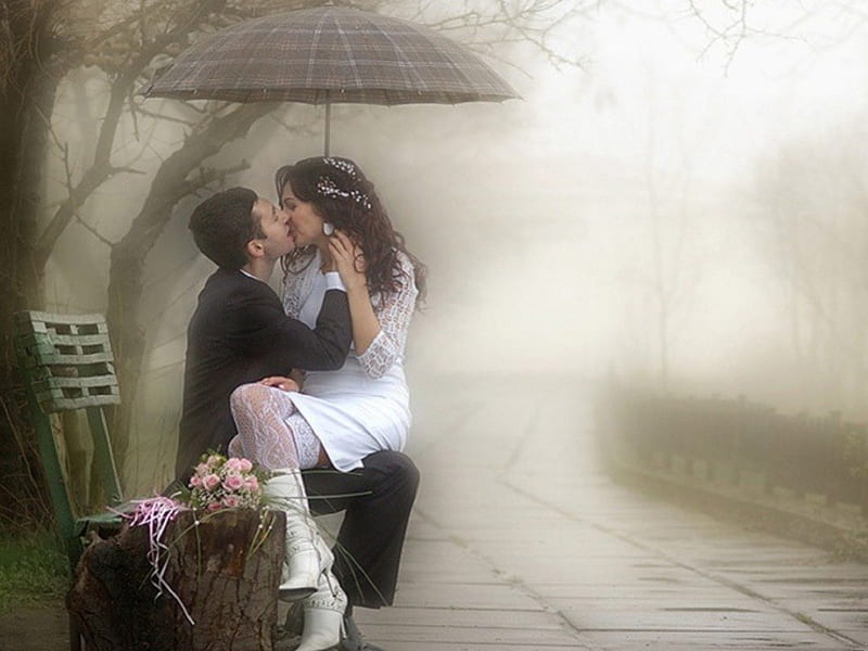 ..Seductive Kiss in the Rain.., boots, socks, umbrella, attractions in dreams, bonito, most ed, kiss, fog, sweet, hair, lovers, graphy, flowers, couple, romantic, romance, love four seasons, creative pre-made, lips, mist, pink roses, cool, stockings, weird things people wear, beloved valentines, white, HD wallpaper