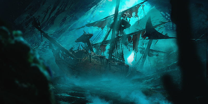 Fantasy, Ship, Shipwreck, Underwater, HD wallpaper