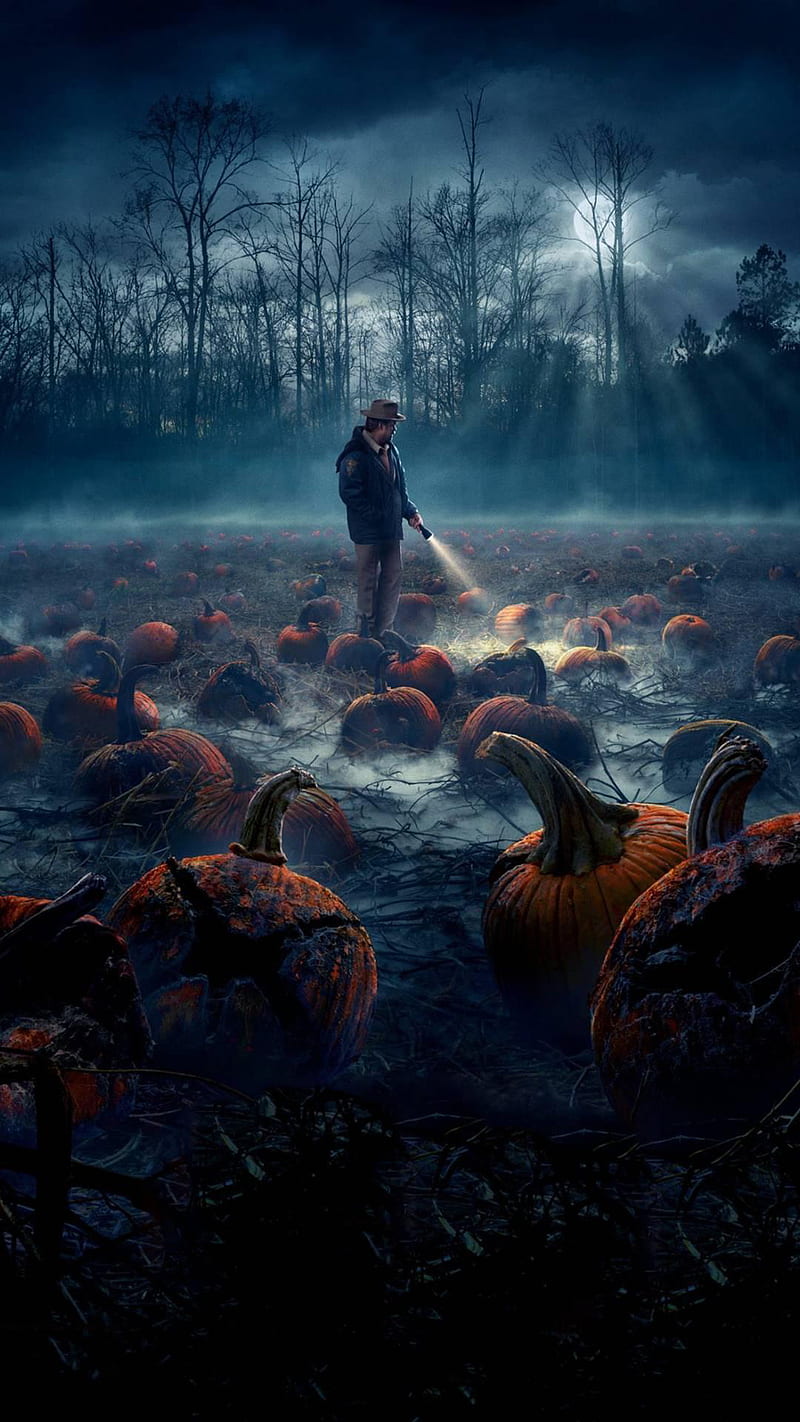 Halloween, man, night, police, pumpkins, sky, trees, HD phone wallpaper