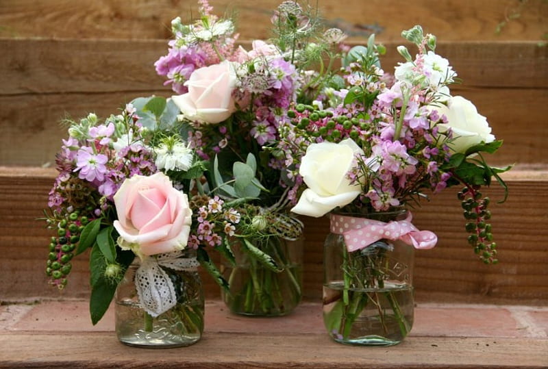 ✿ Spring flowers ✿, arrangements, bouquets, spring, small, vases, Wooden steps, flowers, flower decoration, jars, HD wallpaper