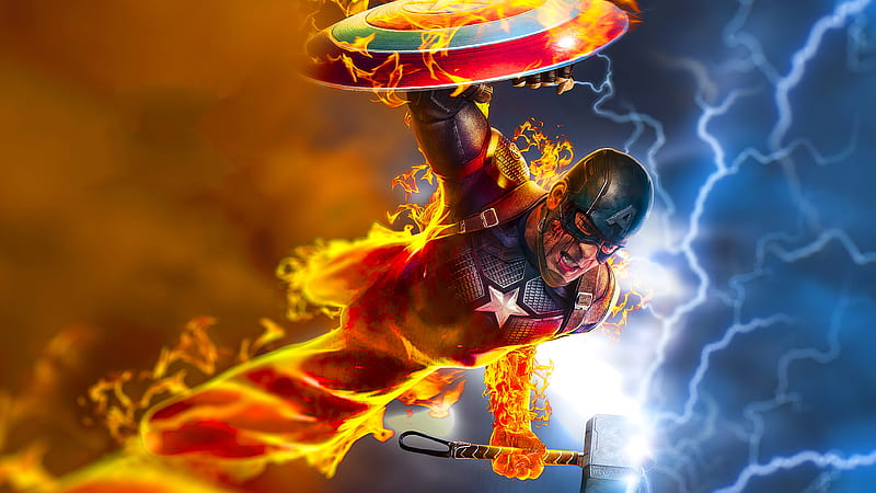 Captain America Burning Hammer, captain-america, superheroes, artist, artwork, digital-art, artstation, HD wallpaper