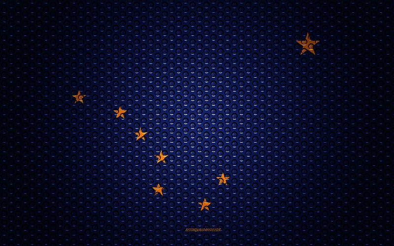 Flag of Alaska American state, creative art, metal mesh texture, Alaska flag, national symbol, Alaska, USA, flags of American states, HD wallpaper