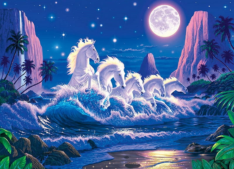 ★Wave of Horses★, moons, lovely, blue dreams, colors, love four seasons, bonito, attractions in dreams, waves, horses, sea, beaches, summer, animals, blue, HD wallpaper