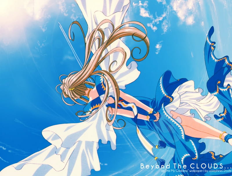 Beyond The Clouds..., blue dress, belldandy, anime, clouds, long hair, sky, ah my goddess, HD wallpaper