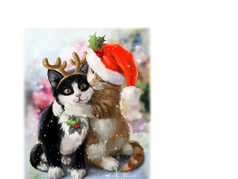 My dear fawn, reindeer, horns, hat, art, red, lorri kajenna, christmas, craciun, cat, fantasy, santa, pisici, HD wallpaper