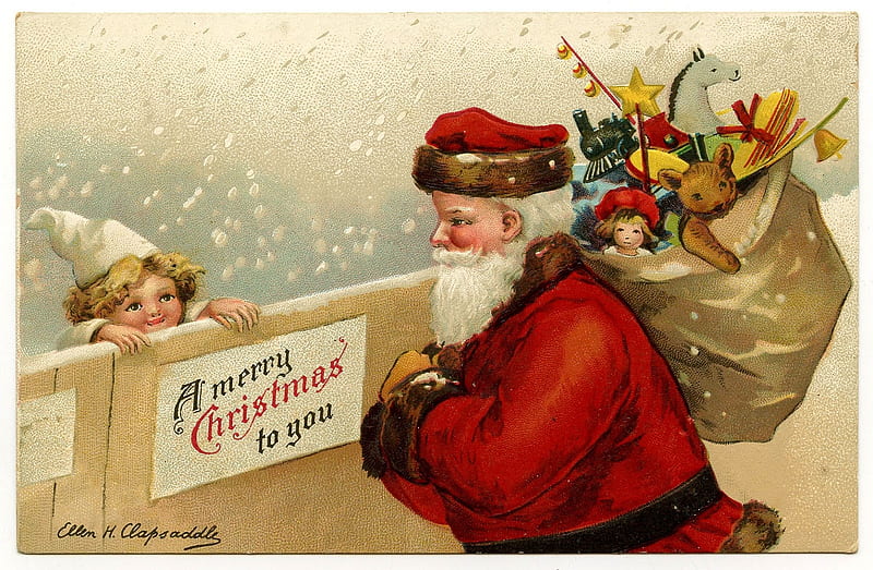 Merry Christmas!, craciun, card, red, santa, christmas, child, vintage, HD wallpaper