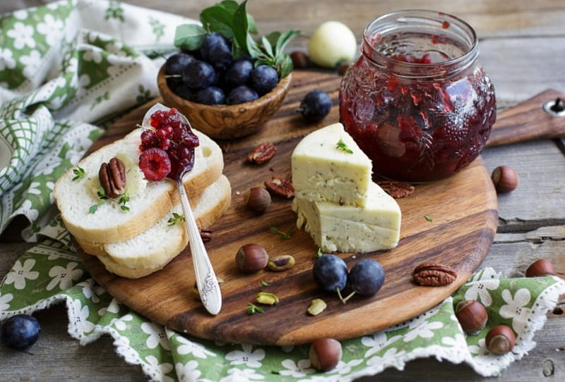 Afternoon Delight, fruit, jam, food, cheese, fruits, bread, sweet, HD wallpaper